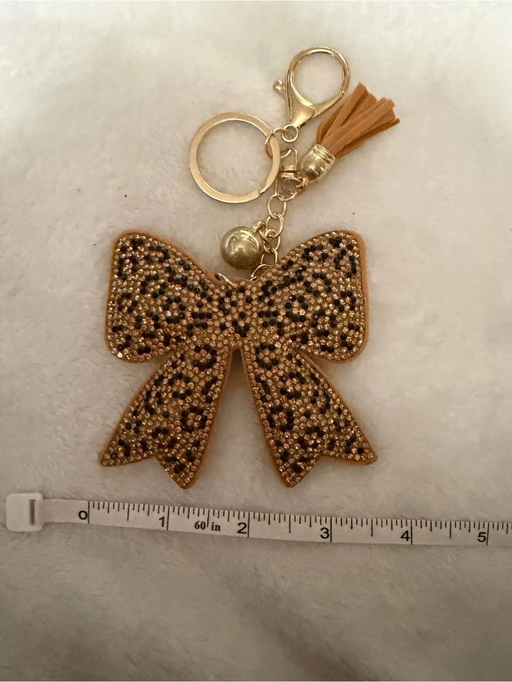 Gold Cheetah Rhinestone Bow Keychain with Tassel